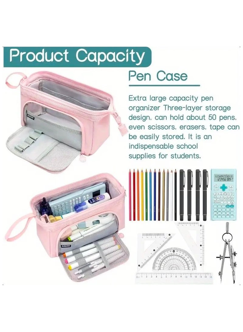ANGOO Large Capacity Pencil Case, Big Pen Pouch, Organizer Bag for Markers and Cosmetic, Portable Daily Supplies with Easy Grip Handle, Gift for Kids and Adults, Pink - Image 3