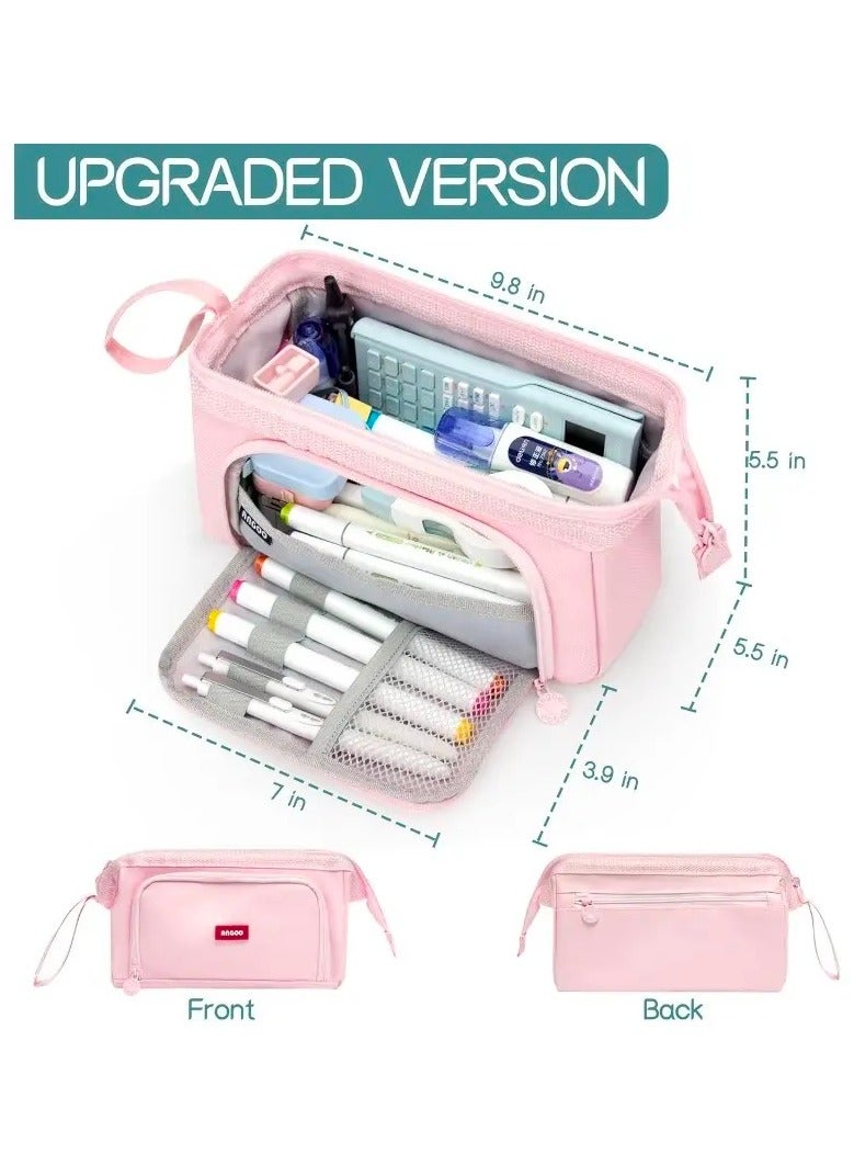 ANGOO Large Capacity Pencil Case, Big Pen Pouch, Organizer Bag for Markers and Cosmetic, Portable Daily Supplies with Easy Grip Handle, Gift for Kids and Adults, Pink - Image 4