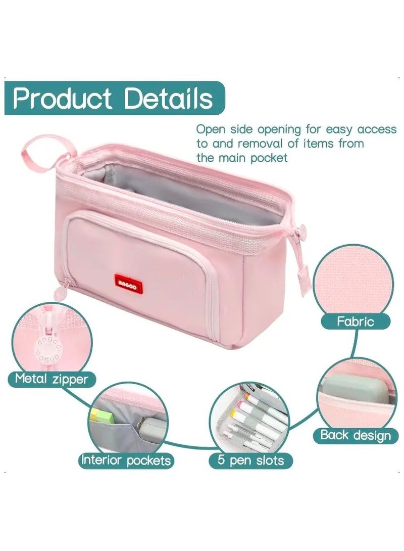 ANGOO Large Capacity Pencil Case, Big Pen Pouch, Organizer Bag for Markers and Cosmetic, Portable Daily Supplies with Easy Grip Handle, Gift for Kids and Adults, Pink - Image 2