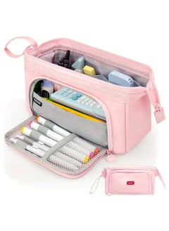 ANGOO Large Capacity Pencil Case, Big Pen Pouch, Organizer Bag for Markers and Cosmetic, Portable Daily Supplies with Easy Grip Handle, Gift for Kids and Adults, Pink  - Image 1