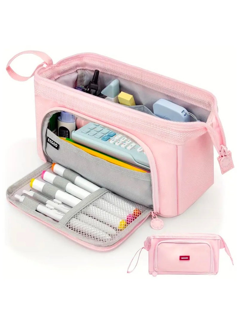 ANGOO Large Capacity Pencil Case, Big Pen Pouch, Organizer Bag for Markers and Cosmetic, Portable Daily Supplies with Easy Grip Handle, Gift for Kids and Adults, Pink - Image 1