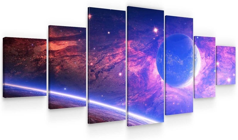 Startonight Huge Canvas Wall Art - Galaxy Blue Planet On A Pink Background - USA Large Home Decor - Dual View Surprise Artwork Modern Framed Wall Art Set of 7 Panels Total 100 x 240 cm - Image 1