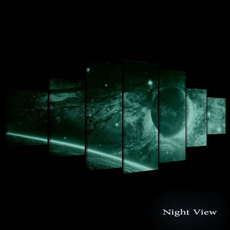 Startonight Huge Canvas Wall Art - Galaxy Blue Planet On A Pink Background - USA Large Home Decor - Dual View Surprise Artwork Modern Framed Wall Art Set of 7 Panels Total 100 x 240 cm - Image 2