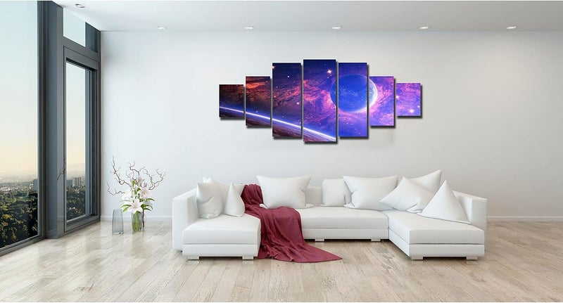 Startonight Huge Canvas Wall Art - Galaxy Blue Planet On A Pink Background - USA Large Home Decor - Dual View Surprise Artwork Modern Framed Wall Art Set of 7 Panels Total 100 x 240 cm - Image 4