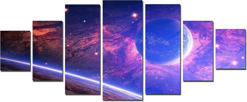 Startonight Huge Canvas Wall Art - Galaxy Blue Planet On A Pink Background - USA Large Home Decor - Dual View Surprise Artwork Modern Framed Wall Art Set of 7 Panels Total 100 x 240 cm - Image 3