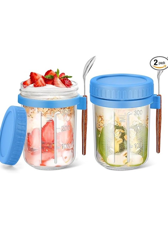 MahMir Overnight Oats Jars with Lid and Spoon, 2PCS 300ml Large Capacity Airtight Oatmeal Container with Measurement Marks, Wide Mouth Portable Jars Breakfast Container for Salads Yogurt Cereal Milk  - Image 1
