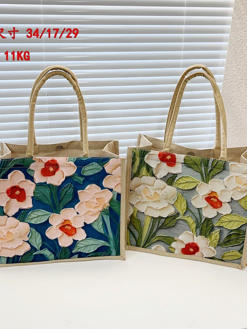 Women'S Linen Bag Artistic Style Printed Flower Handbag Fashion Casual Tote Bag Shoulder Bag - Image 2
