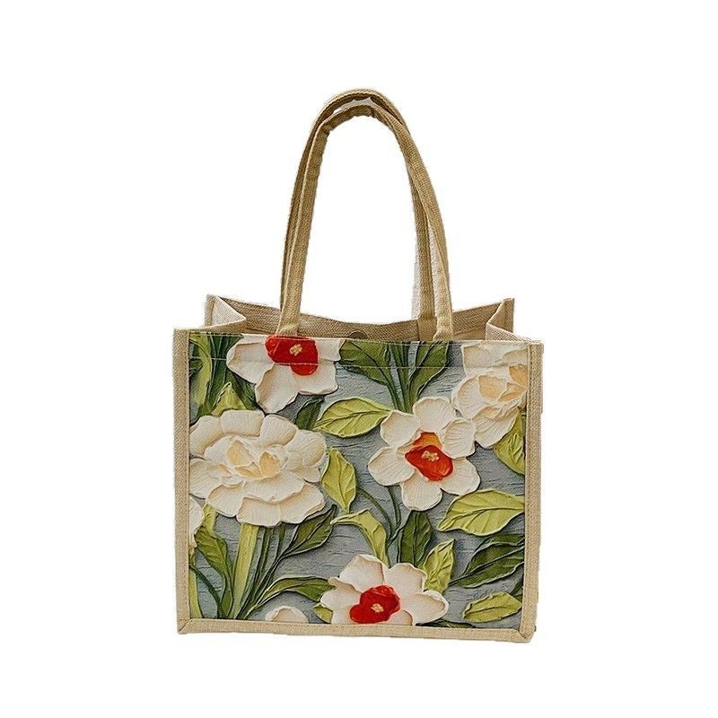 Women'S Linen Bag Artistic Style Printed Flower Handbag Fashion Casual Tote Bag Shoulder Bag - Image 1