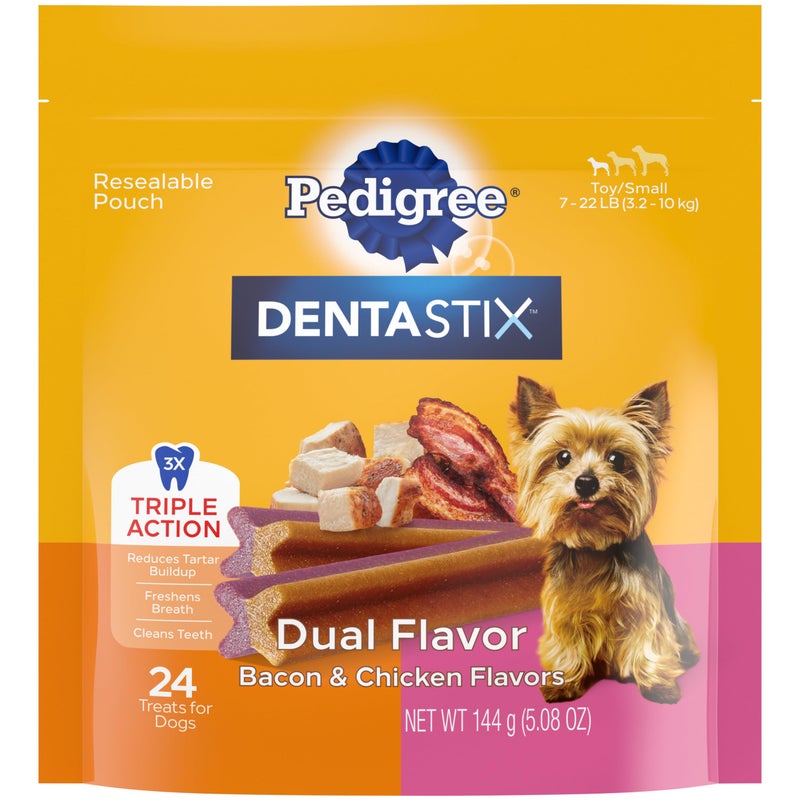 Pedigree Dentastix Dual Flavor Small Dog Dental Treats, Bacon & Chicken, 5.08 oz. Bag (24 Treats) - Image 1
