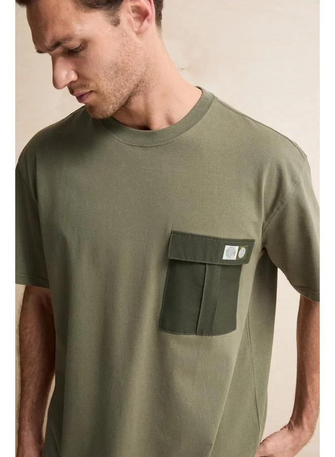 Grimelange POCKET Men's 100% Organic Cotton Woven Pocket Label Detailed Khaki T-Shirt.