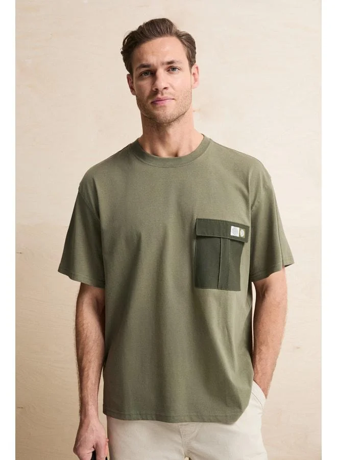 Grimelange POCKET Men's 100% Organic Cotton Woven Pocket Label Detailed Khaki T-Shirt.
