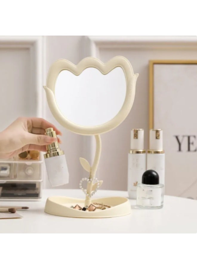 Decorhills Cream Flower Makeup Mirror, Plastic Tabletop Vanity Mirror with Adjustable Stand, Cute Round Student Beauty Touch-Up Mirror for Bedroom Desk, Dressing Table & Bathroom Decor - Image 1