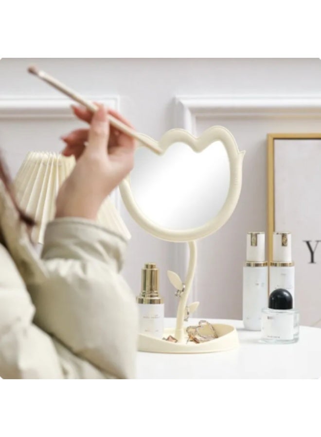 Decorhills Cream Flower Makeup Mirror, Plastic Tabletop Vanity Mirror with Adjustable Stand, Cute Round Student Beauty Touch-Up Mirror for Bedroom Desk, Dressing Table & Bathroom Decor - Image 2