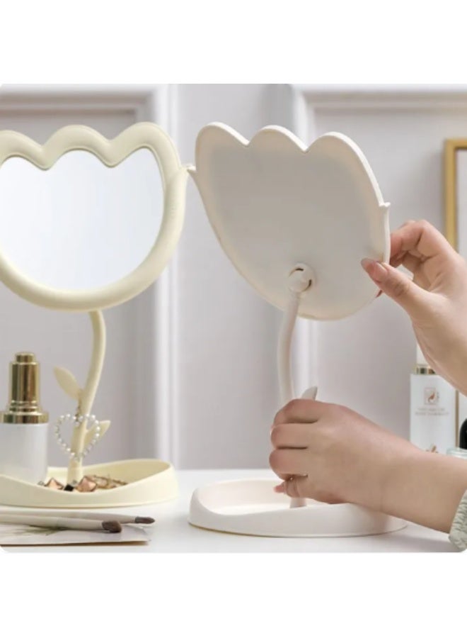 Decorhills Cream Flower Makeup Mirror, Plastic Tabletop Vanity Mirror with Adjustable Stand, Cute Round Student Beauty Touch-Up Mirror for Bedroom Desk, Dressing Table & Bathroom Decor - Image 3