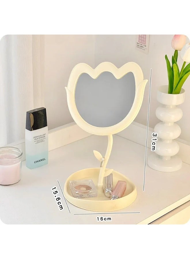 Decorhills Cream Flower Makeup Mirror, Plastic Tabletop Vanity Mirror with Adjustable Stand, Cute Round Student Beauty Touch-Up Mirror for Bedroom Desk, Dressing Table & Bathroom Decor - Image 4