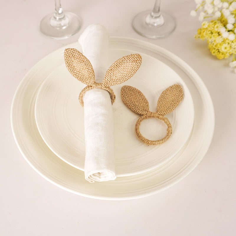 Utalek Easter Napkin Rings Set of 6, Burlap Jute Bunny Ear Napkin Rings, Rabbit Ear Napkin Ring Holders for Easter Party Banquet Dinning Spring Table Decoration - Image 2
