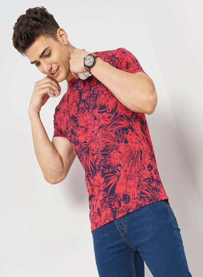The Indian Garage Co Men Slim Fit Tropical Print Round Neck Tshirt