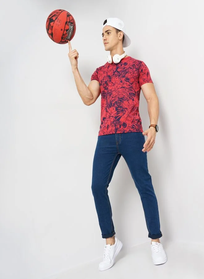 The Indian Garage Co Men Slim Fit Tropical Print Round Neck Tshirt