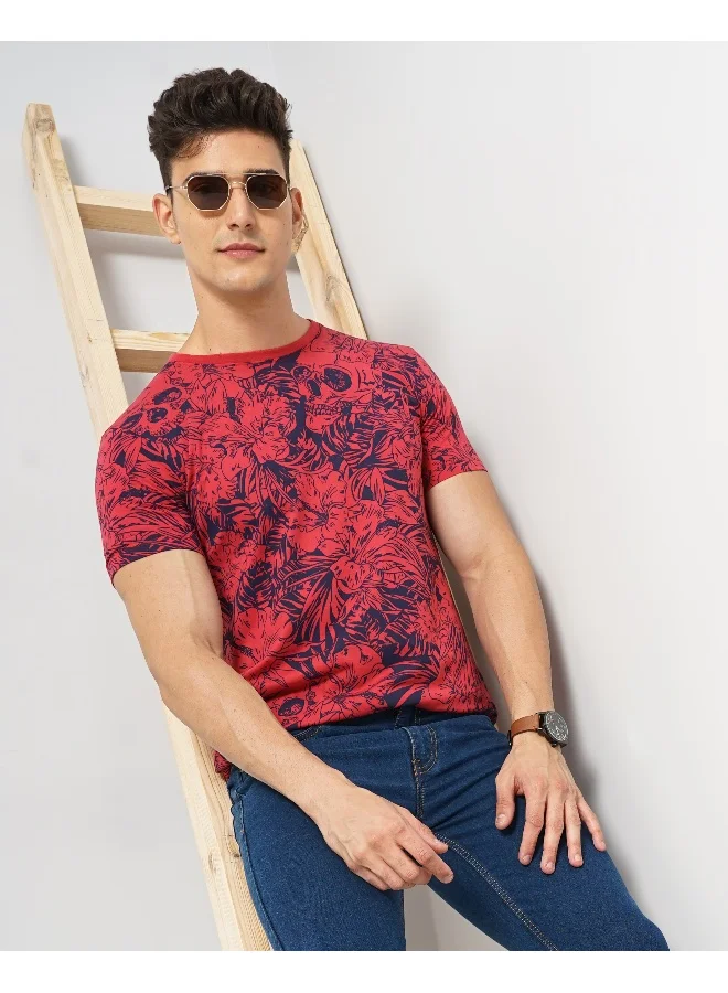 The Indian Garage Co Men Slim Fit Tropical Print Round Neck Tshirt