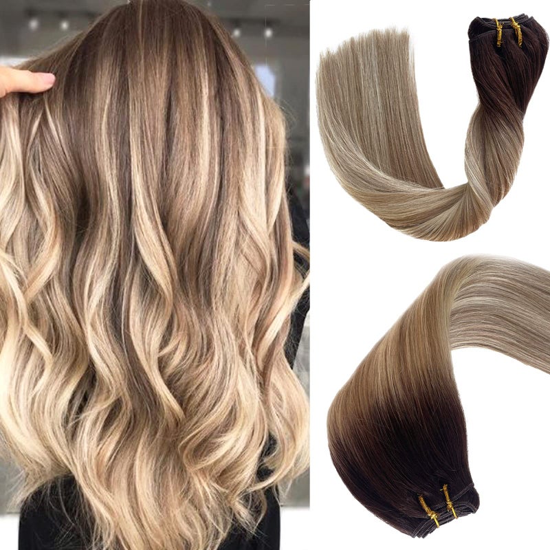 Sew in Hair Extensions Real Human Hair Ombre Brown Fading to Ash Brown Highlights Blonde Weft Hair Extensions Human Hair Balayage Hand Tied Weft Hair Extensions 14 Inch 80g