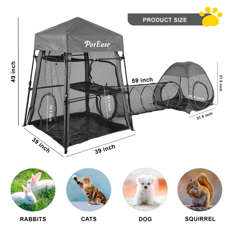 PetEase Catio Outdoor Cat Enclosure, 3-in-1 Extra Large Portable Cat Playpen with Tower Tent & Tunnel, Foldable Waterproof Mesh Catio for Indoor Outdoor Cats & Small Pets - Image 2