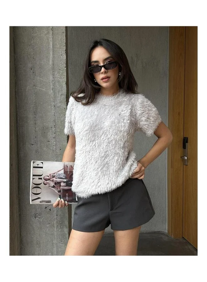 mina aise Women's Grey Short Sleeve Plush Sweater 5282.