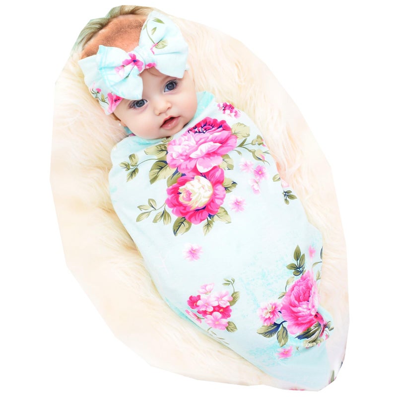 Galabloomer Receiving Blanket Headband Set Flower Print Baby Swaddle Blankets - Image 1