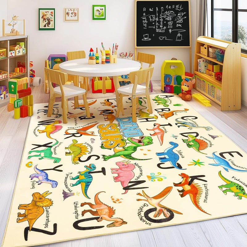 Bolacrom Kids Rugs for Playroom, 4x5 Feet Educational Rug for Learn The ABC Alphabet, Soft Machine Washable Non-Slip Cute Dinosaur Carpet for Classroom Toddler Nursery Kids Room Decor Mat, Beige - Image 1