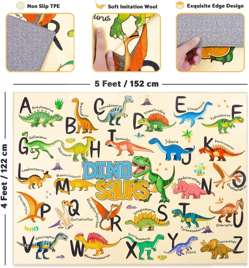 Bolacrom Kids Rugs for Playroom, 4x5 Feet Educational Rug for Learn The ABC Alphabet, Soft Machine Washable Non-Slip Cute Dinosaur Carpet for Classroom Toddler Nursery Kids Room Decor Mat, Beige - Image 2