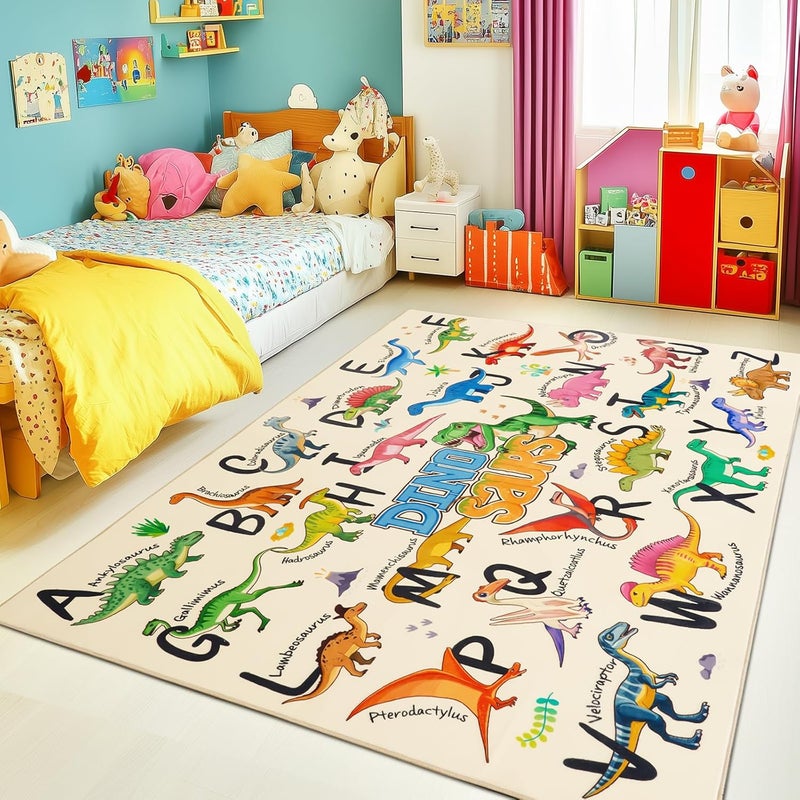 Bolacrom Kids Rugs for Playroom, 4x5 Feet Educational Rug for Learn The ABC Alphabet, Soft Machine Washable Non-Slip Cute Dinosaur Carpet for Classroom Toddler Nursery Kids Room Decor Mat, Beige - Image 3