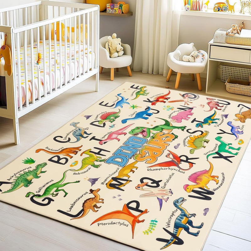 Bolacrom Kids Rugs for Playroom, 4x5 Feet Educational Rug for Learn The ABC Alphabet, Soft Machine Washable Non-Slip Cute Dinosaur Carpet for Classroom Toddler Nursery Kids Room Decor Mat, Beige - Image 4