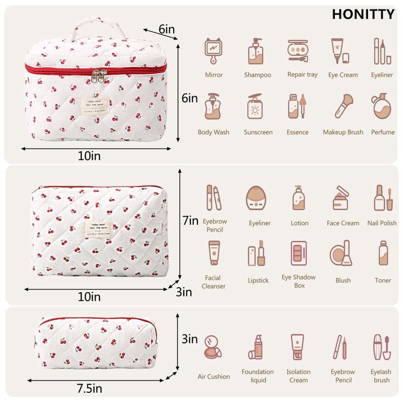 honitty Makeup Bag,Quilted Cosmetic Bags,Large Floral Make Up Organize bag,Makeup Bag Set for Women,Flower Travel Toiletry Bag - Image 2