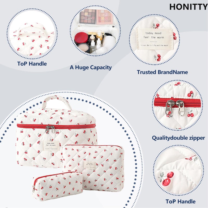 honitty Makeup Bag,Quilted Cosmetic Bags,Large Floral Make Up Organize bag,Makeup Bag Set for Women,Flower Travel Toiletry Bag - Image 3