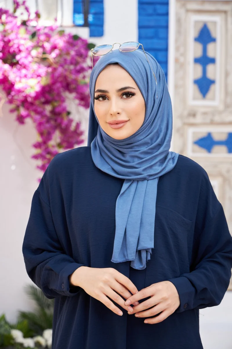 ناجيه سلتان Hijab Combed Cotton Shawl Indigo Blue
