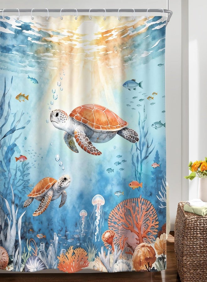 Riyidecor Ocean Sea Turtle Shower Curtain Beach Coastal Underwater Tropical Coral Nautical Fish Summer Sunset Animal 72Wx72H Inch Fabric Decor Bathroom Polyester Waterproof 12 Pack Hooks - Image 2