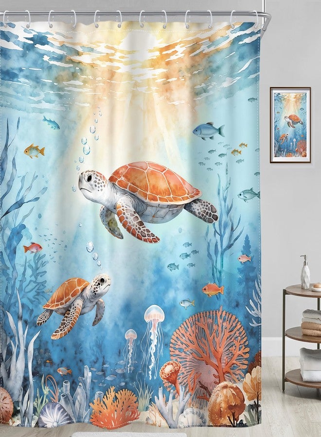 Riyidecor Ocean Sea Turtle Shower Curtain Beach Coastal Underwater Tropical Coral Nautical Fish Summer Sunset Animal 72Wx72H Inch Fabric Decor Bathroom Polyester Waterproof 12 Pack Hooks - Image 3