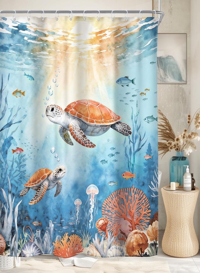 Riyidecor Ocean Sea Turtle Shower Curtain Beach Coastal Underwater Tropical Coral Nautical Fish Summer Sunset Animal 72Wx72H Inch Fabric Decor Bathroom Polyester Waterproof 12 Pack Hooks - Image 1