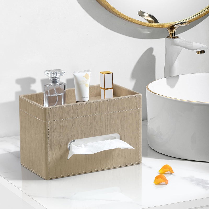 MEIBOOCH Plus Size Tissue Box Cover Rectangle, PU Leather Tissue Box Holder with Storage Tray, Decorative Organizer Tissue Holder for Bathroom, Bedroom Dresser, Night Stand, Office (Wooden Color) - Image 2