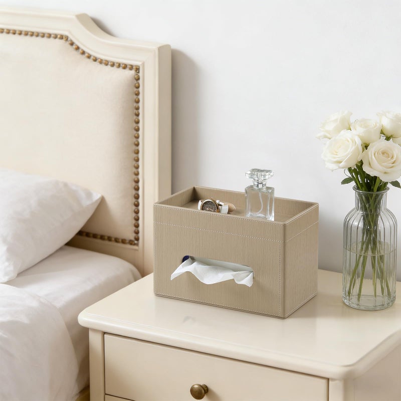 MEIBOOCH Plus Size Tissue Box Cover Rectangle, PU Leather Tissue Box Holder with Storage Tray, Decorative Organizer Tissue Holder for Bathroom, Bedroom Dresser, Night Stand, Office (Wooden Color) - Image 3