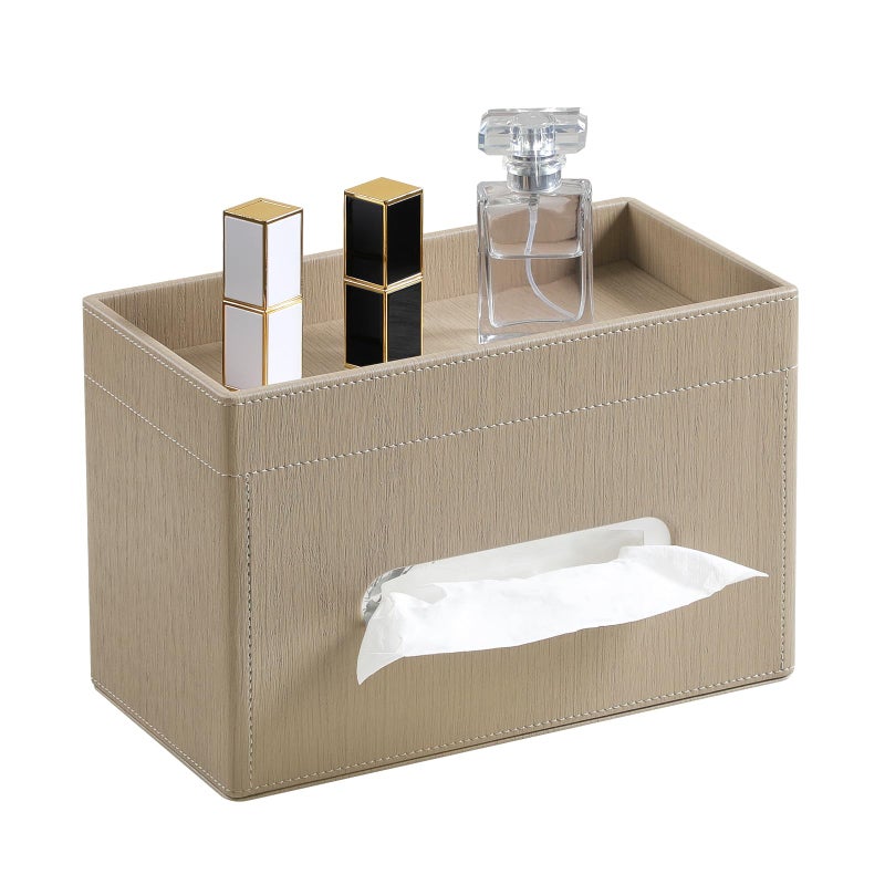 MEIBOOCH Plus Size Tissue Box Cover Rectangle, PU Leather Tissue Box Holder with Storage Tray, Decorative Organizer Tissue Holder for Bathroom, Bedroom Dresser, Night Stand, Office (Wooden Color) - Image 1