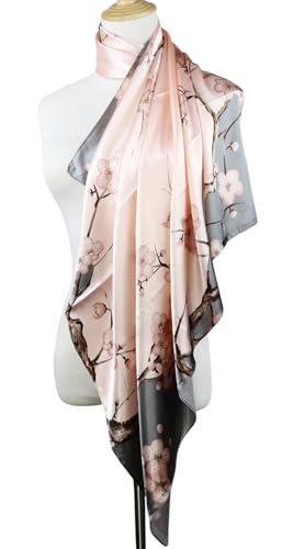 vabovin 35" Satin Square Bandana, Silk Like Head Scarf for Hair Wrapping, Large Neckerchief Women's Fashion Accessory (Pale Pink Plum Blossom) - Image 5