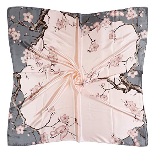 vabovin 35" Satin Square Bandana, Silk Like Head Scarf for Hair Wrapping, Large Neckerchief Women's Fashion Accessory (Pale Pink Plum Blossom) - Image 1