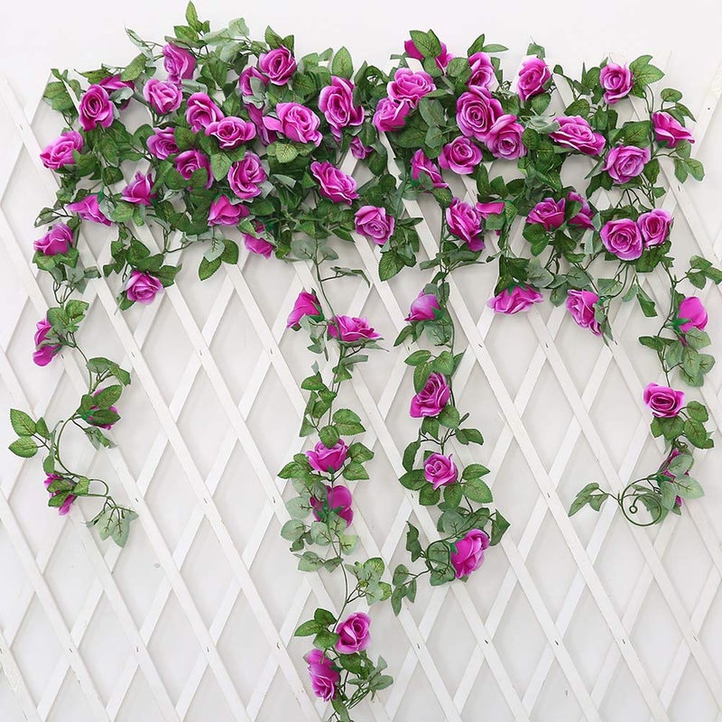 JUSTOYOU 2 Pack 72ft Artificial Fake Rose Garland Vines Hanging Silk Flowers for Outdoor Indoor Wedding Wall Badroom Decoration Purple