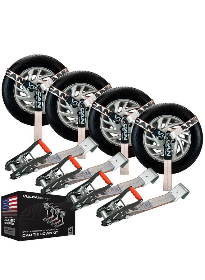 VULCAN Car Tie Down with Flat Hooks - Lasso Style - 2 Inch x 96 Inch - 4 Pack - Silver Series - 3,300 Pound Safe Working Load - Image 1