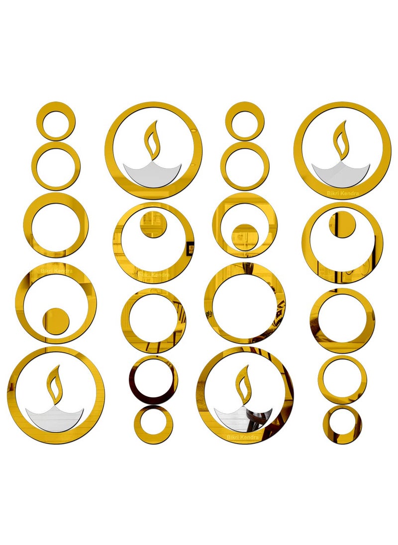 Bikri Kendra Bikri Kendra 24 Rings Golden with 4 Silver Diya Mirror Stickers for Wall Mirror Sticker Acrylic Mirror Wall Sticker for Hall Living Room Bedroom Wall 