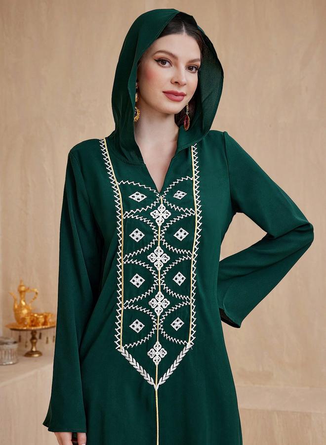 Take Two Dark Green Embroidered Jalabiya with Hood - Image 3