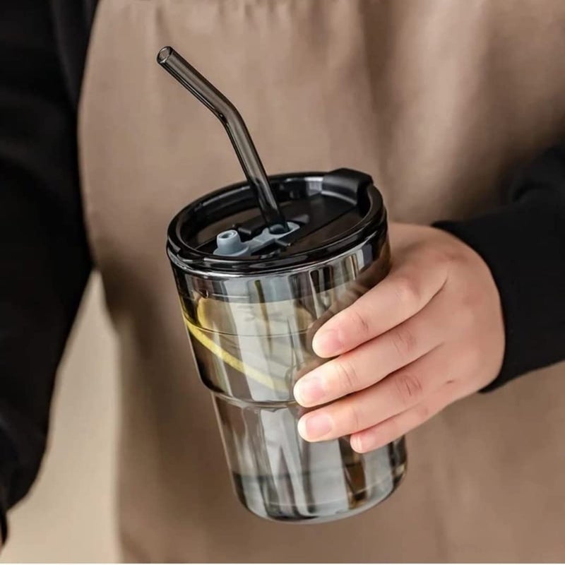 KELVEE Glass Reusable Sipper Bottle with Leather Sleeve Glass Coffee Mug with Silicone Straw and Leakproof Lid Tumbler for Coffee,Tea, Milk Beverages 435ml… - Image 1