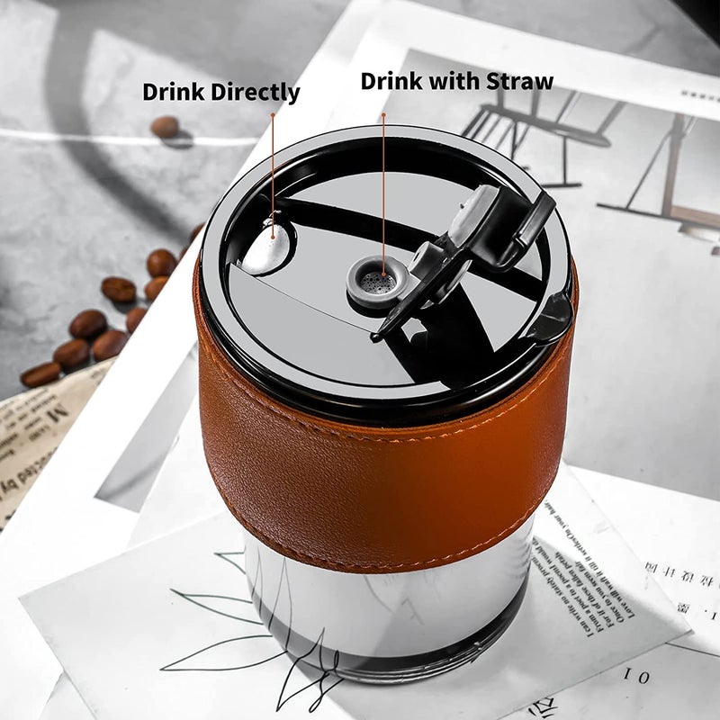 KELVEE Glass Reusable Sipper Bottle with Leather Sleeve Glass Coffee Mug with Silicone Straw and Leakproof Lid Tumbler for Coffee,Tea, Milk Beverages 435ml… - Image 4