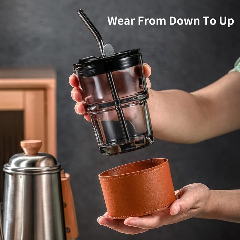 KELVEE Glass Reusable Sipper Bottle with Leather Sleeve Glass Coffee Mug with Silicone Straw and Leakproof Lid Tumbler for Coffee,Tea, Milk Beverages 435ml… - Image 3