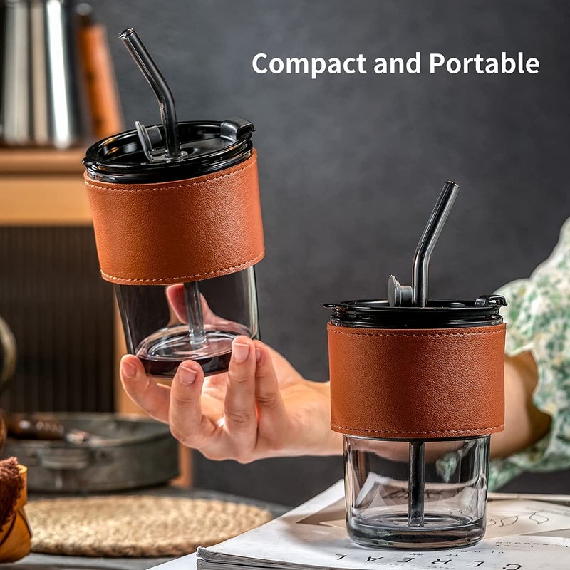 KELVEE Glass Reusable Sipper Bottle with Leather Sleeve Glass Coffee Mug with Silicone Straw and Leakproof Lid Tumbler for Coffee,Tea, Milk Beverages 435ml… - Image 5